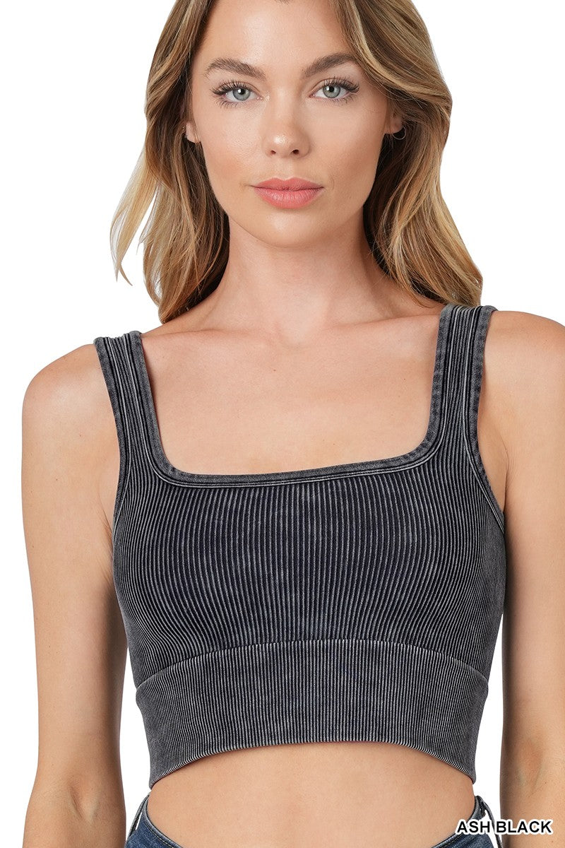Front view of washed ribbed crop tank top in Ash Black