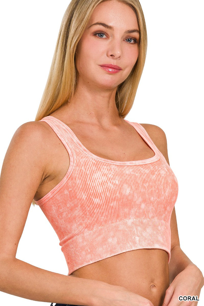 Front view of Washed Ribbed Cropped Tank - Coral