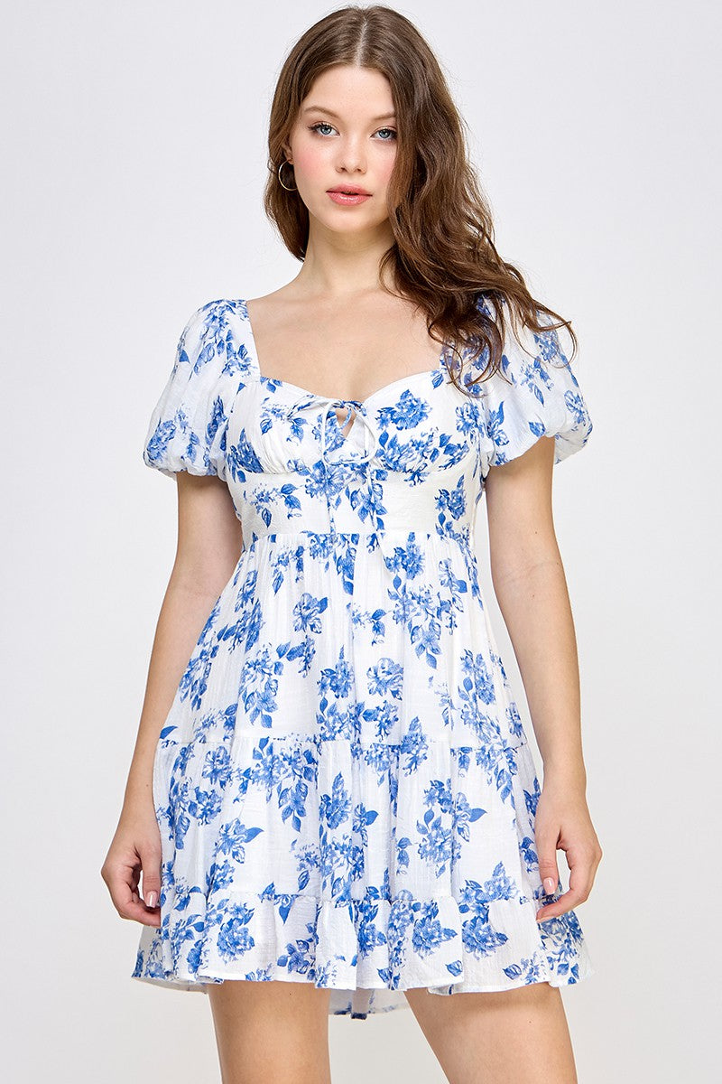Empire Waist Floral Ruffle Dress. Blue. Front view.