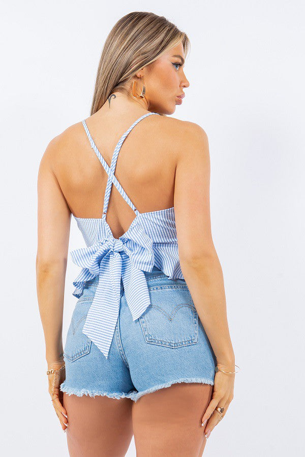 Striped Strappy Top - Blue & White. Back view.