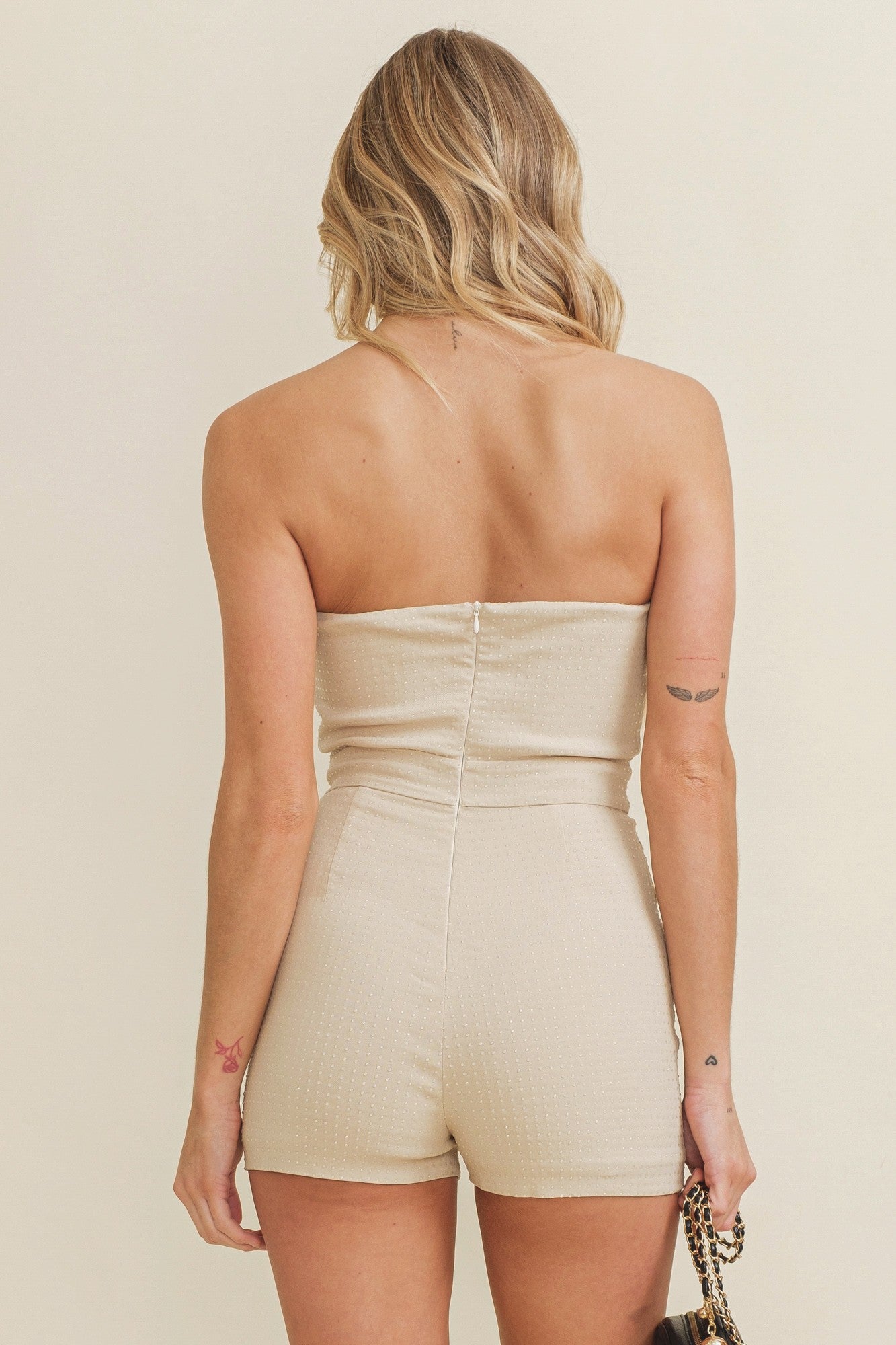 "Brittany" Rhinestone Strapless Romper Beige