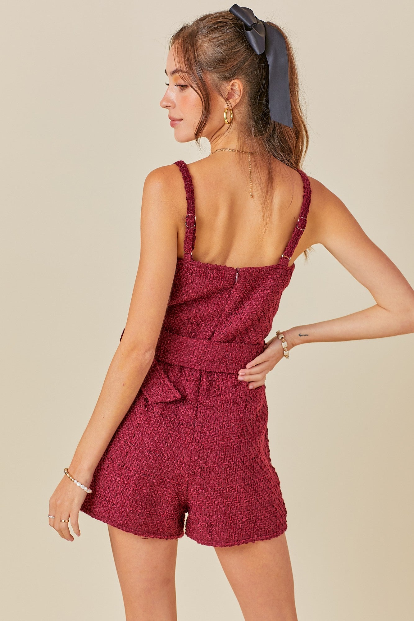 "Beverly Hills" Tweed Romper - Wine