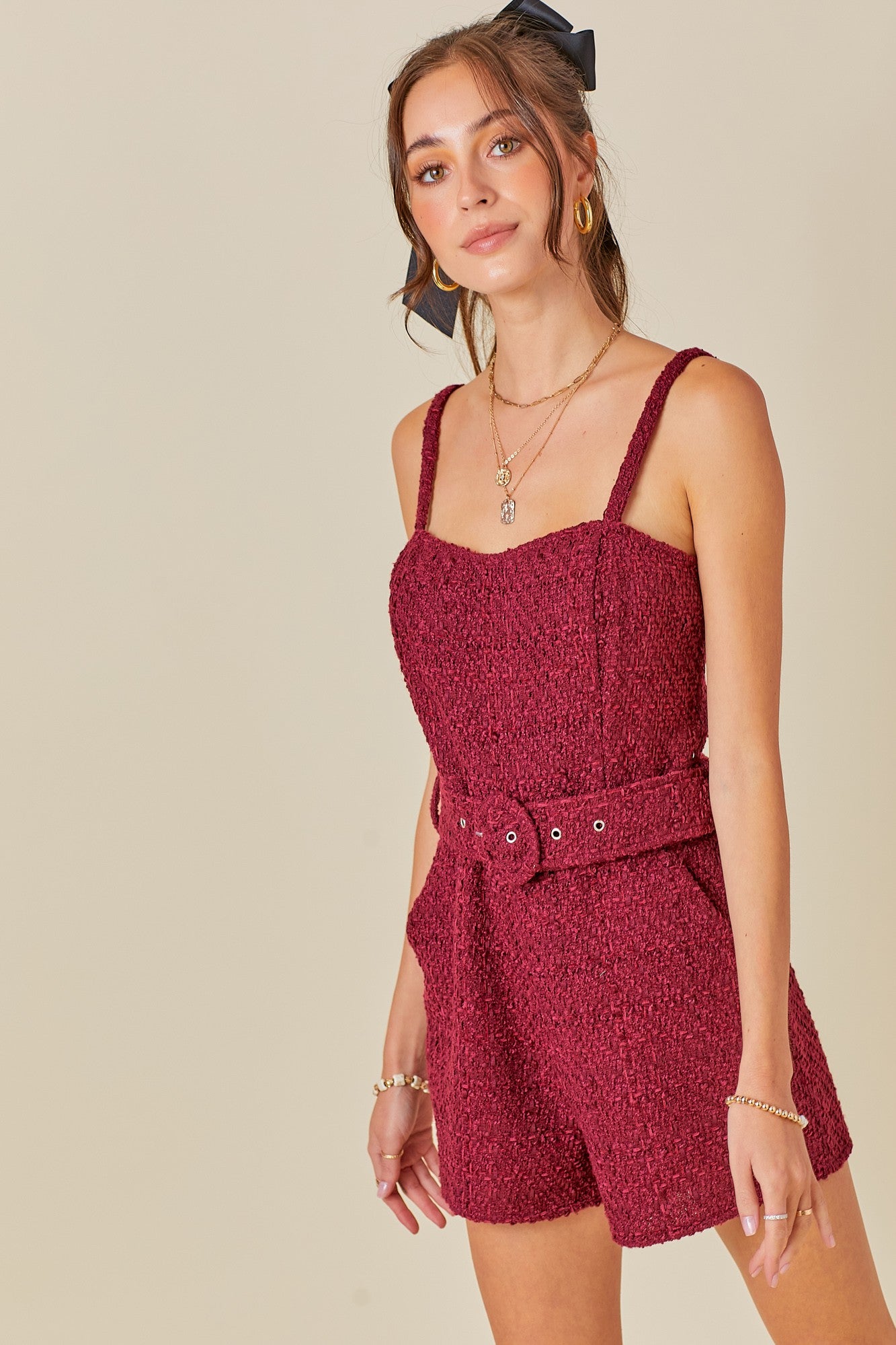 "Beverly Hills" Tweed Romper - Wine