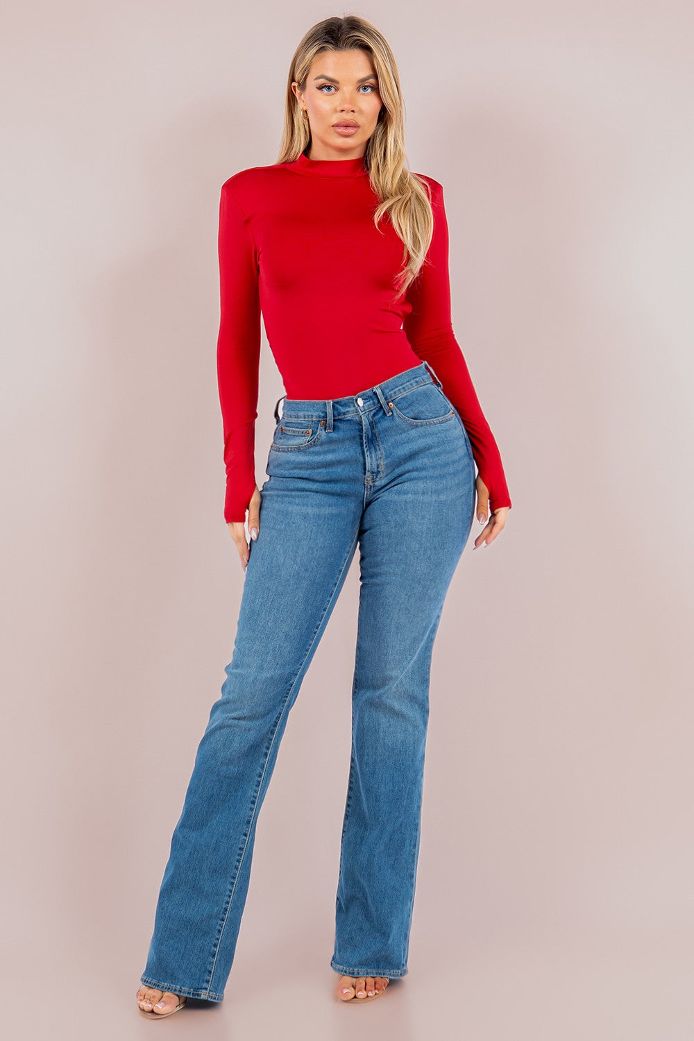 Long Sleeve Open Back Mock Neck Bodysuit - Red. Full view.