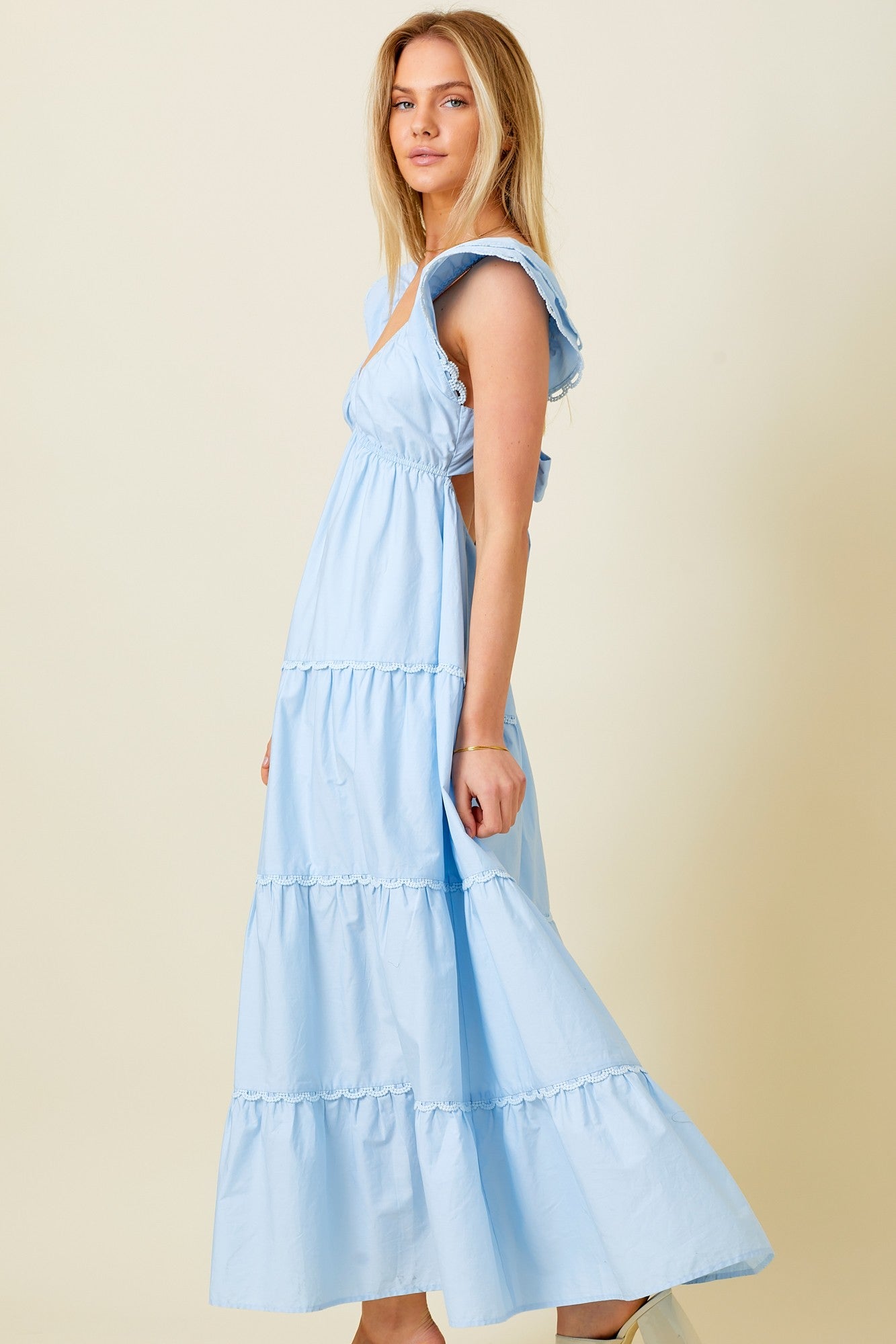 Poplin Ruffle Sleeve Maxi Dress - Blue. Side full view.