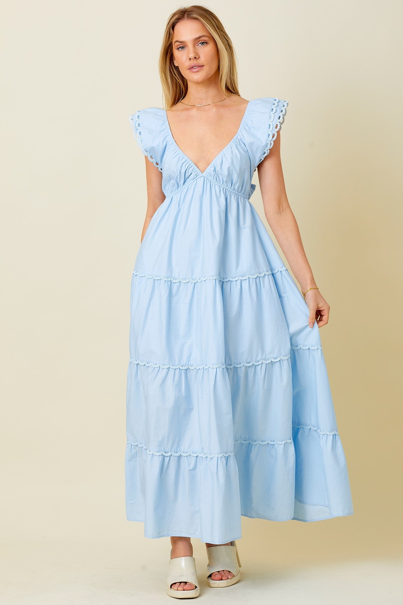 Poplin Ruffle Sleeve Maxi Dress - Blue. Front full view.