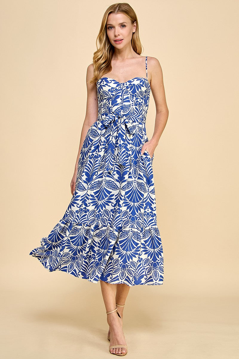 Printed Midi Dress - Blue. Front full view.
