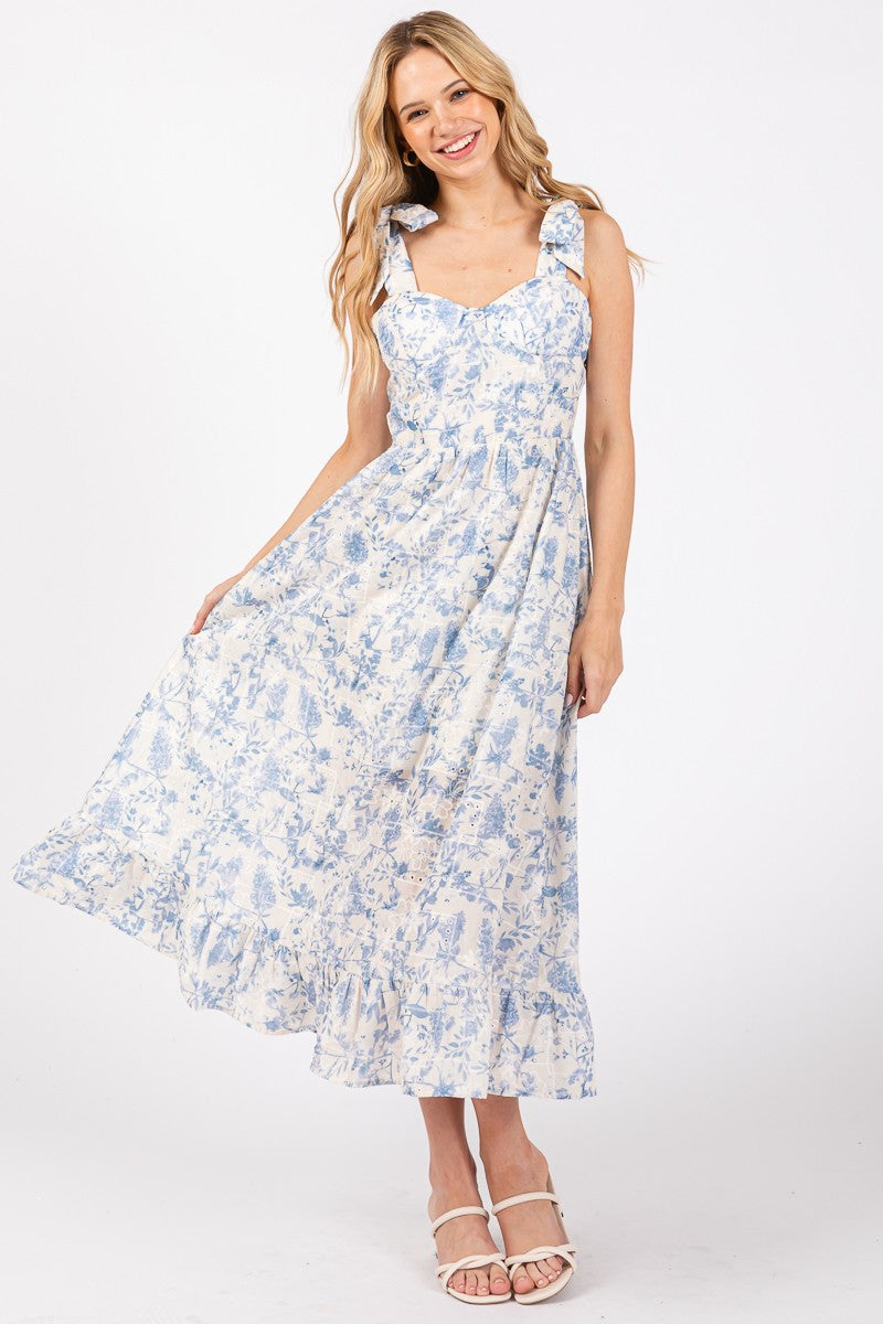 Shoulder Tie Print Midi Dress - Blue. Front view.