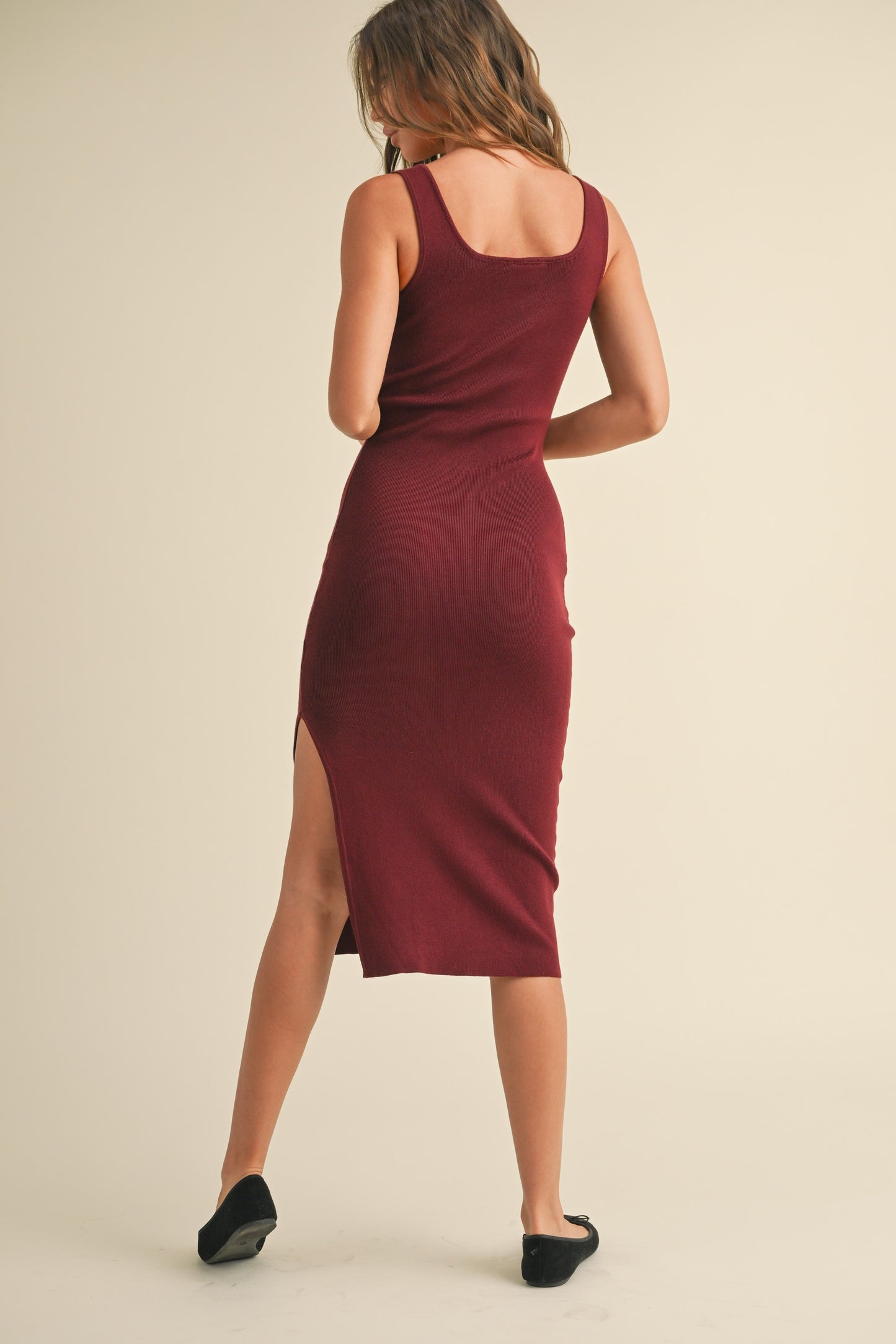 Knit Slit Midi Dress - Wine. Back full view.