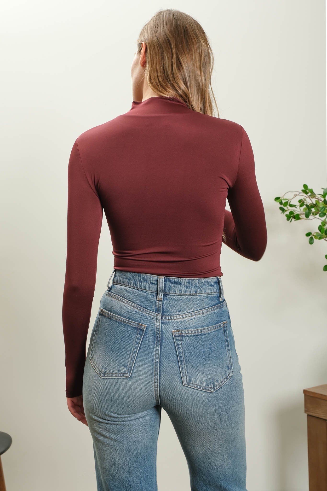 Mock Neck Long Sleeve Top - Maroon. Back view.