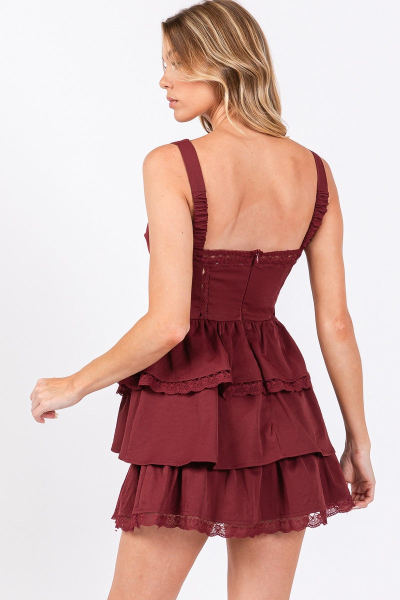 Lace Trim Corset Mini Dress - Maroon. Back close view.