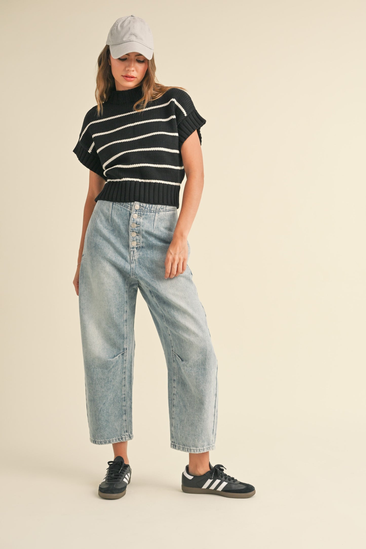 Striped Dolman Short Sleeve Sweater Top - Black & Beige. Front full view.