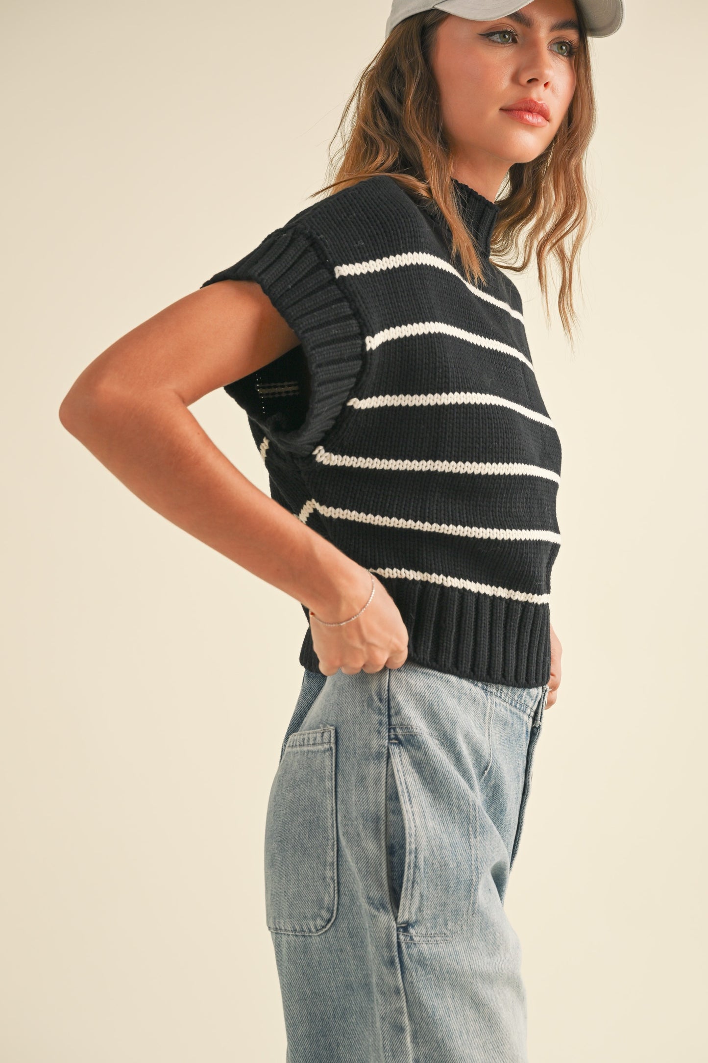 Striped Dolman Short Sleeve Sweater Top - Black & Beige. Side view.