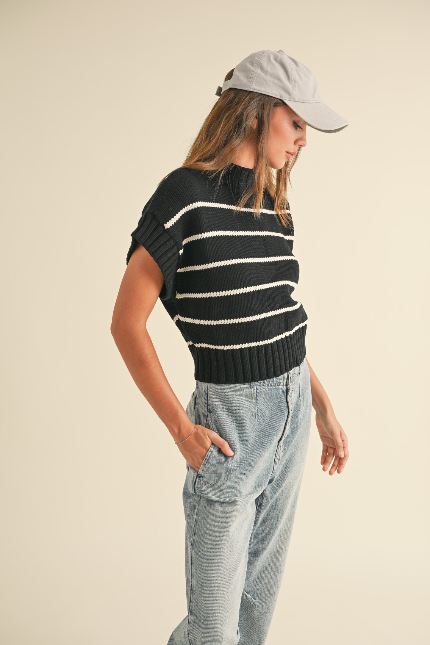 Striped Dolman Short Sleeve Sweater Top - Black & Beige. Side full view.