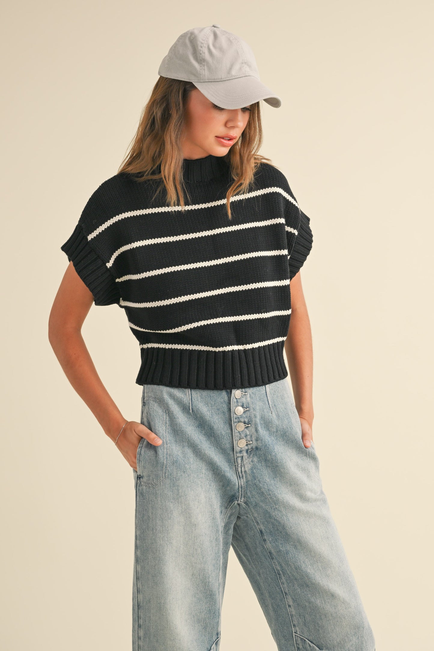 Striped Dolman Short Sleeve Sweater Top - Black & Beige. Front full view.