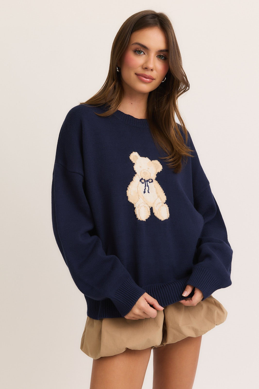 Teddy Bear crew neck Sweater - Navy. Front view.