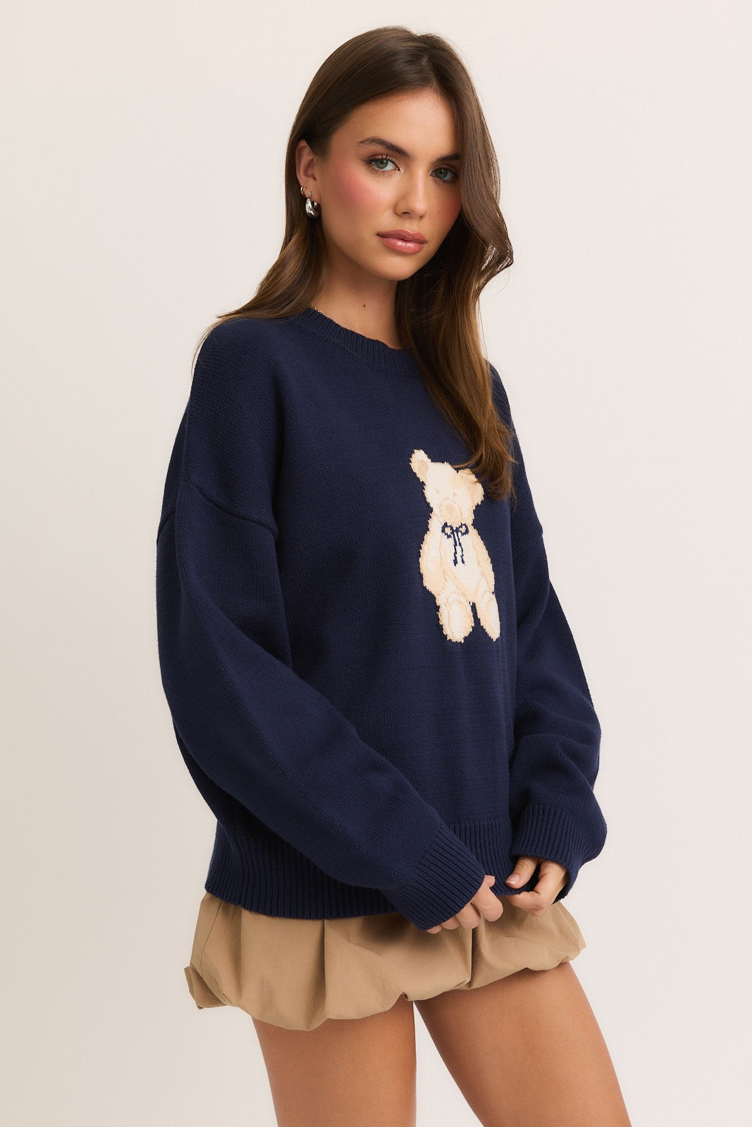 Teddy Bear crew neck Sweater - Navy. Side view.