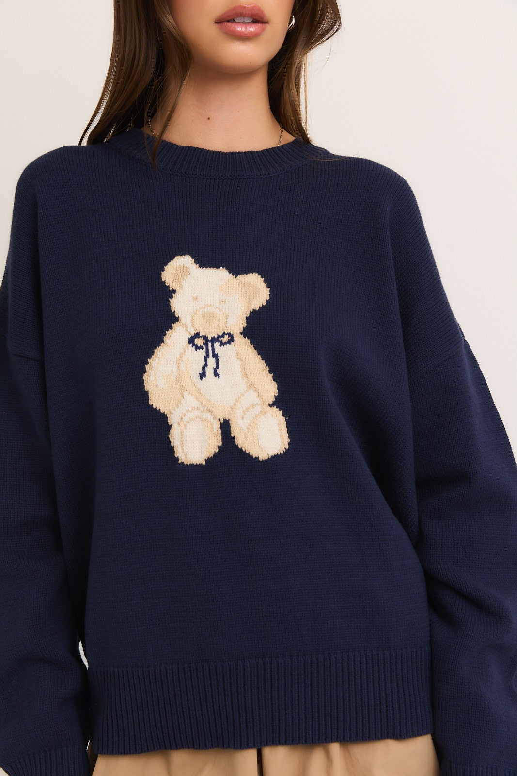 Teddy Bear crew neck Sweater - Navy. Front close view.
