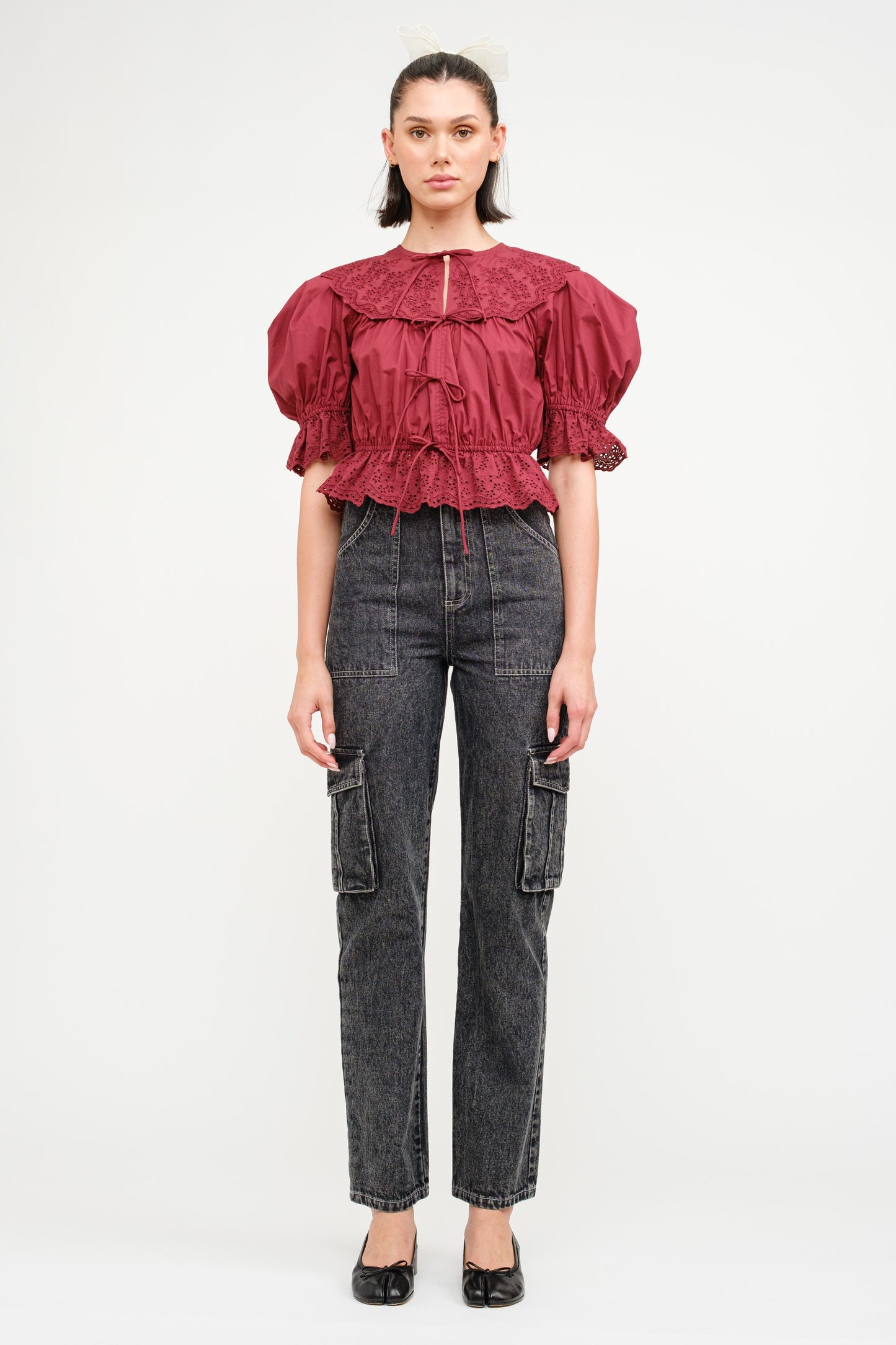 Short Sleeve Embroidered Blouse - Burgundy. Front full view.