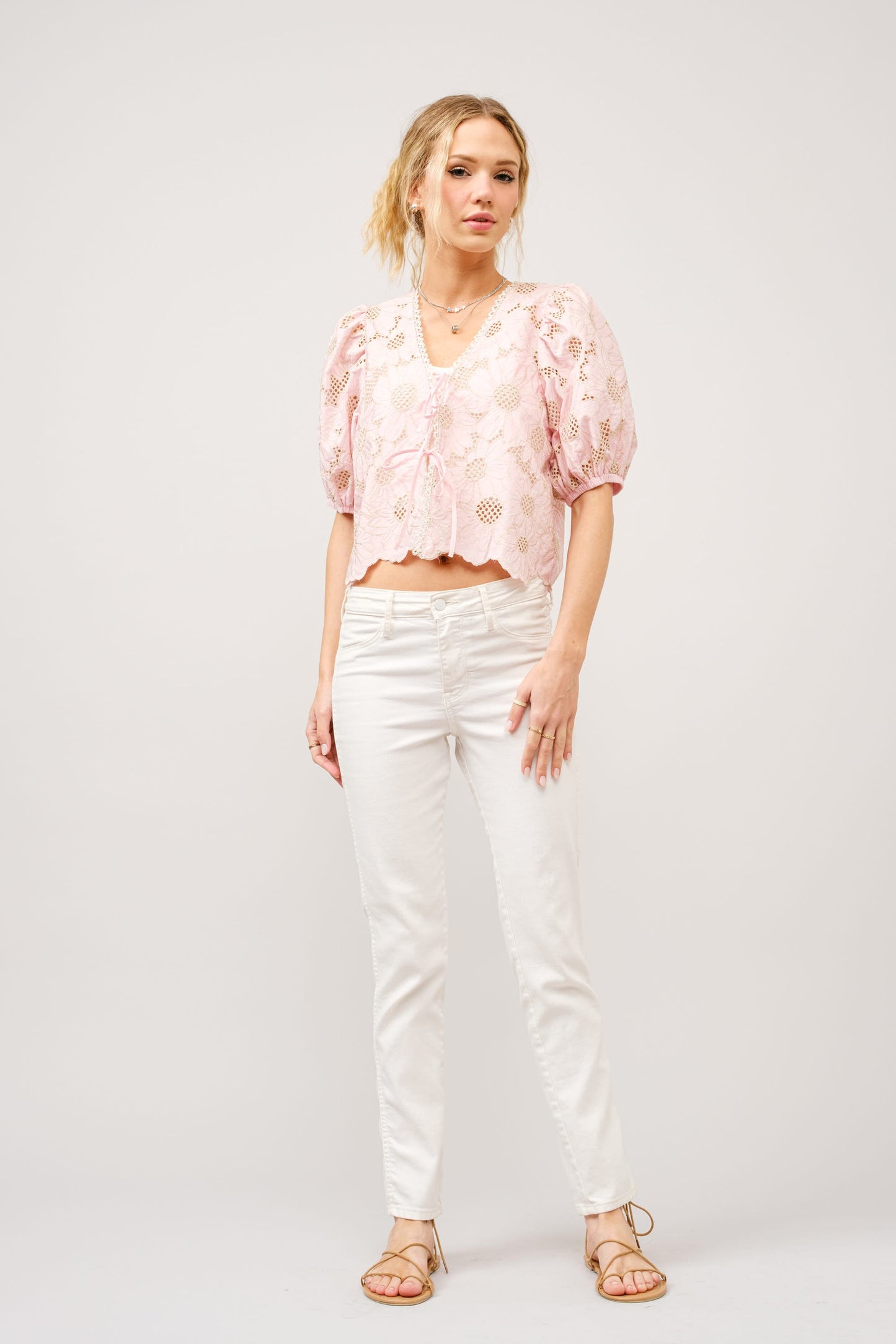 Metallic Embroidered Top - Pink. Front full view.