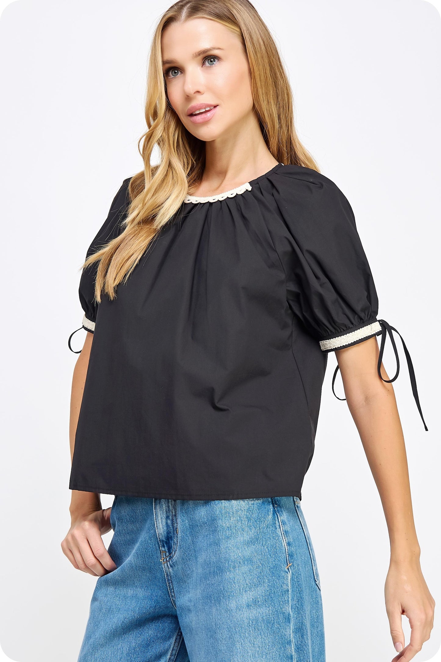 Embroidered Trip Detail Poplin Top - Black. Front close view.