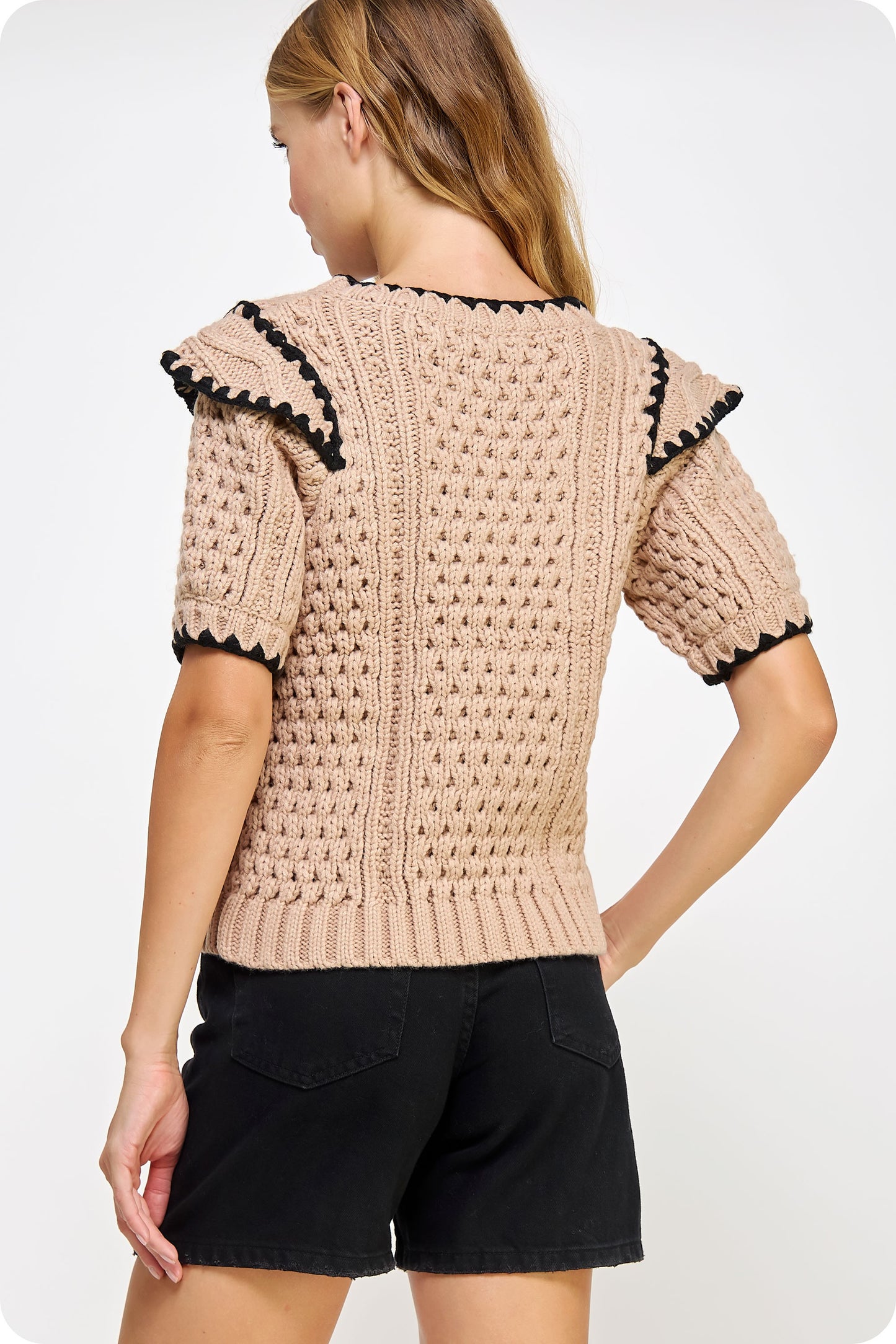Embroidered Contrast Sweater - Taupe. Back view.