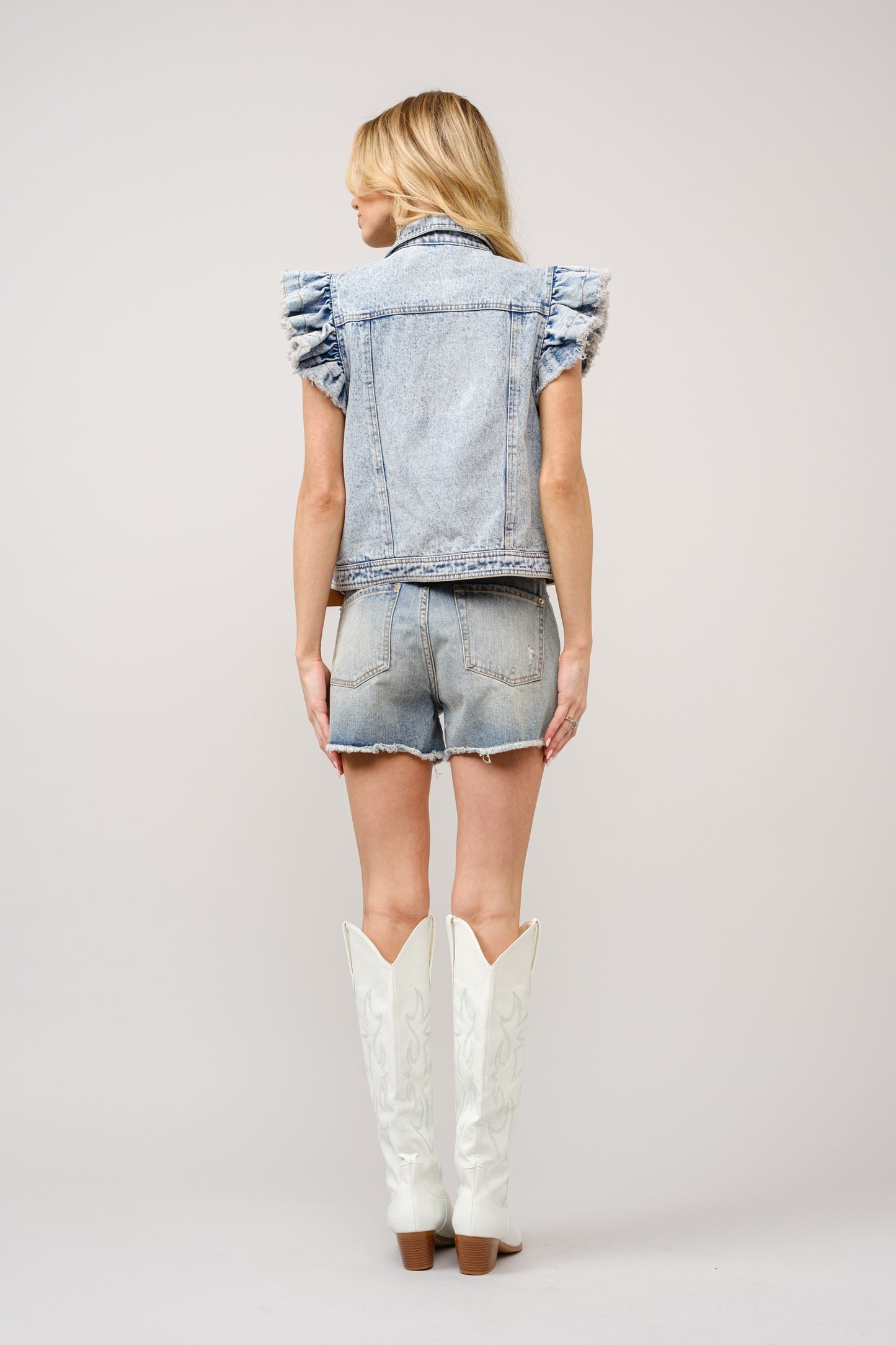 Ruffle Sleeve Denim Jacket - Light Wash. Back full view.