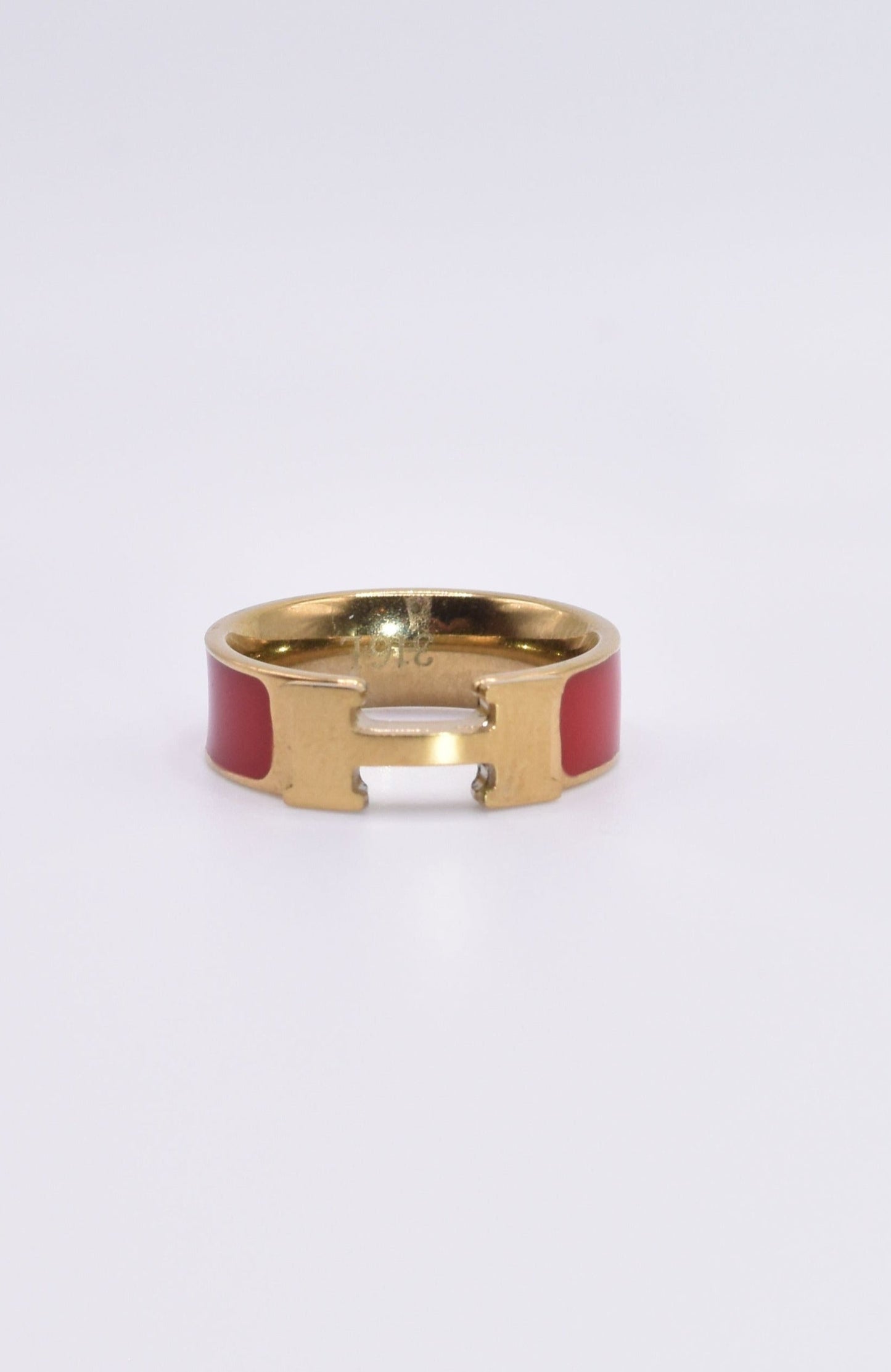 Designer Inspired "H' Ring - Red. Front view.