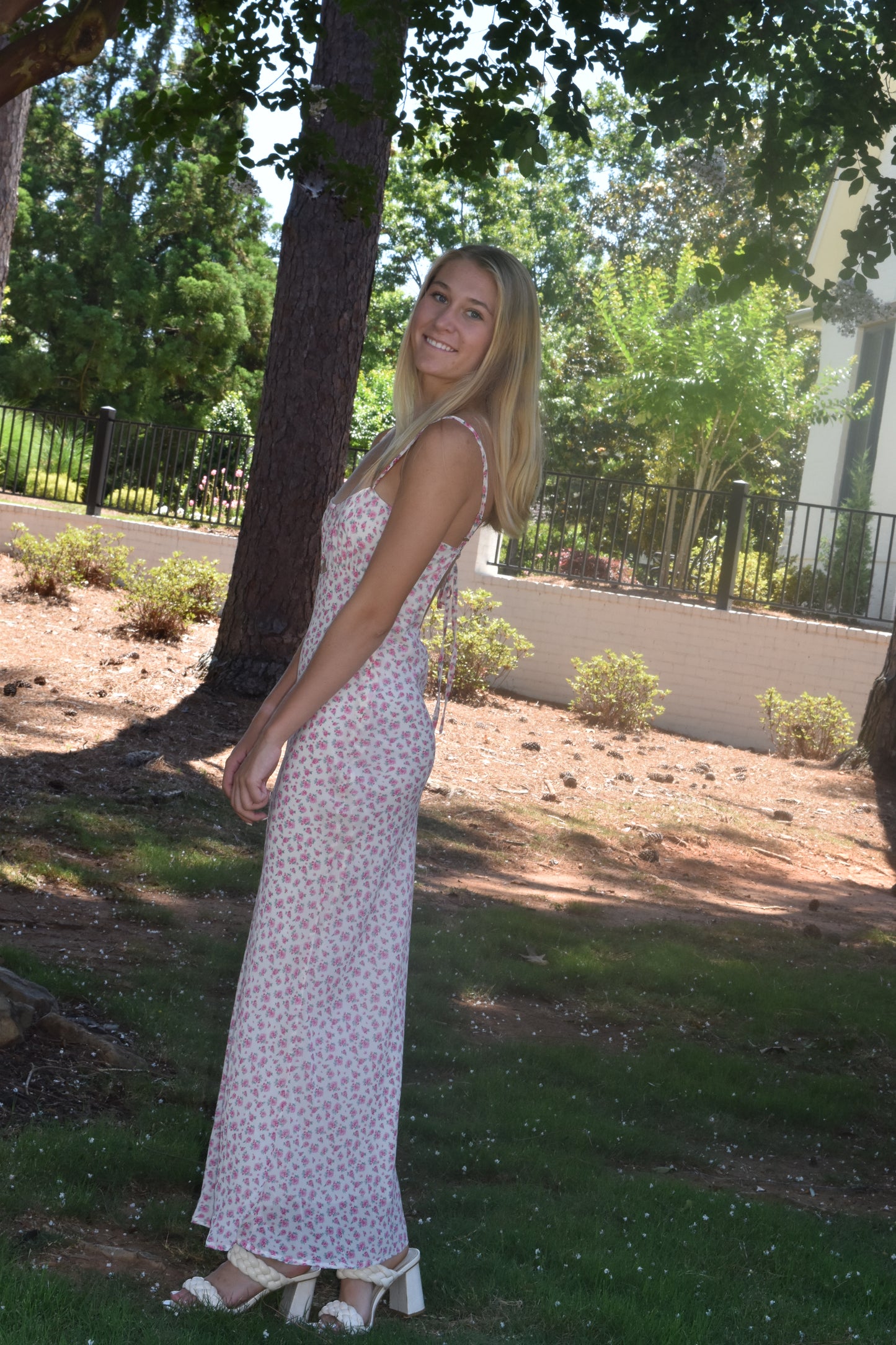 Floral Cutout Maxi Dress - Pink. Side View.