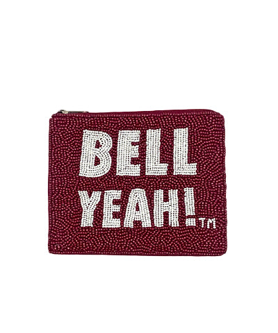 "Bell Yeah" maroon beaded coin pouch with white beaded text. Fits into clear bag.