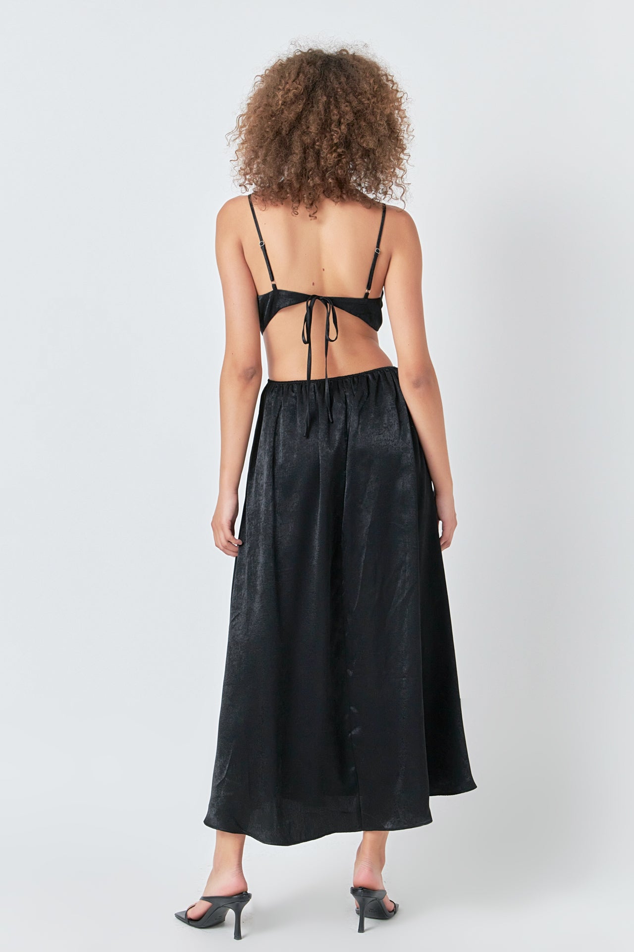 Satin front twist maxi dress - black. Back view.