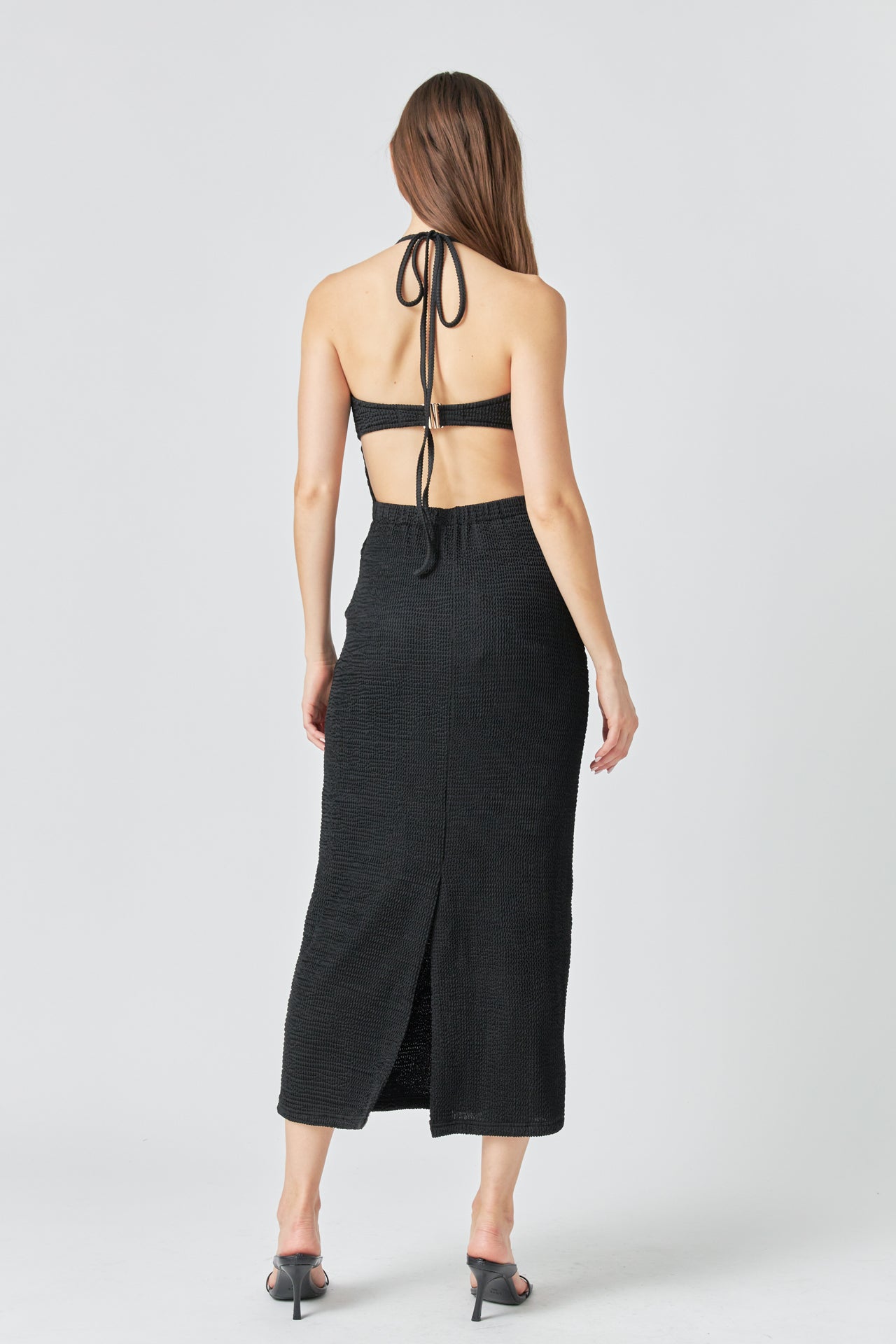 Textured Back Buckle Maxi Dress - Black. Back view.