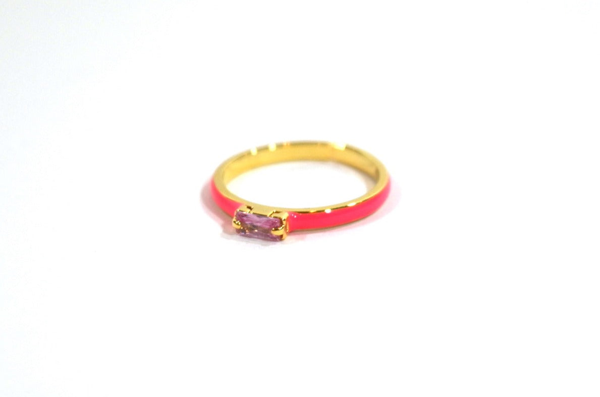 Thin fuchsia ring with crystal stud and gold accents.