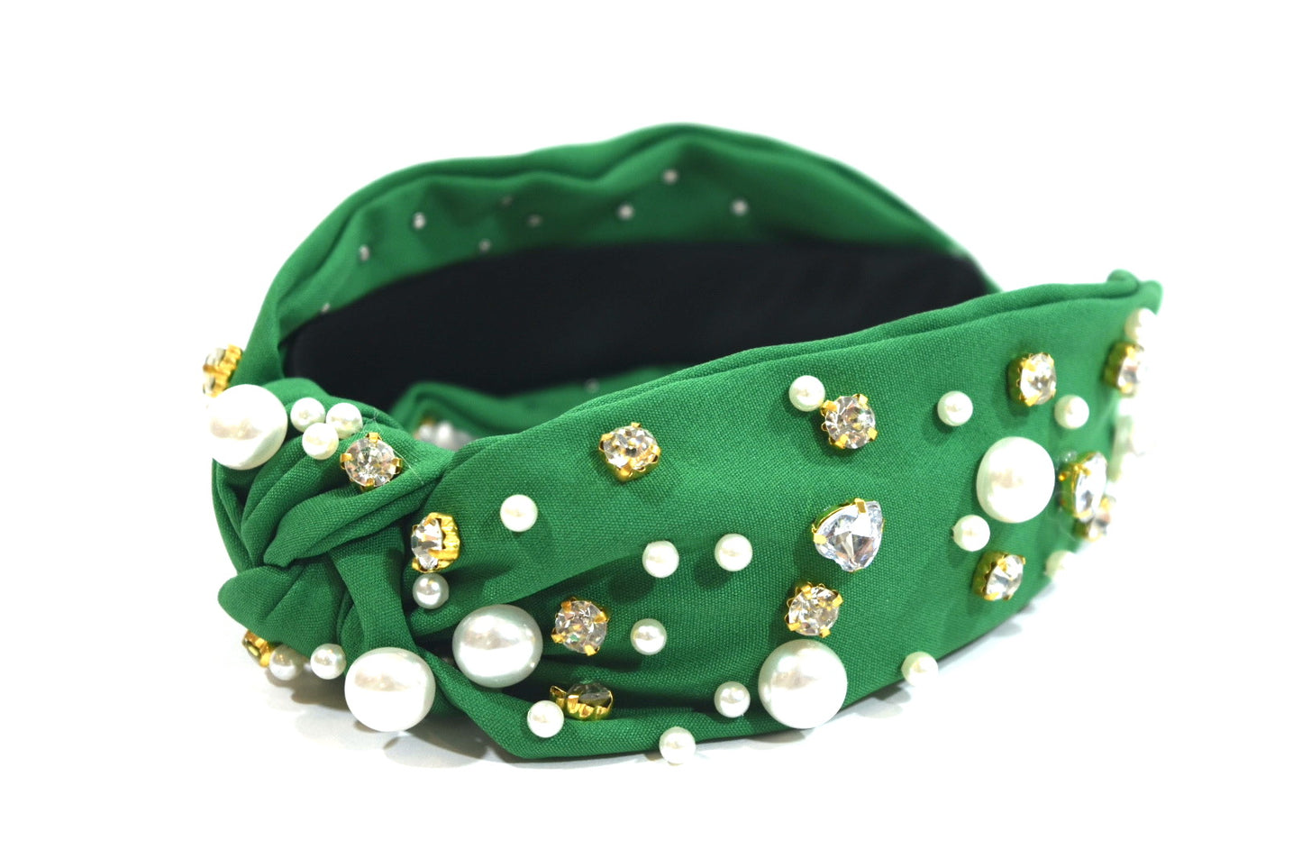 Pearl & Crystal Studded Knotted Headband Green. Side View.