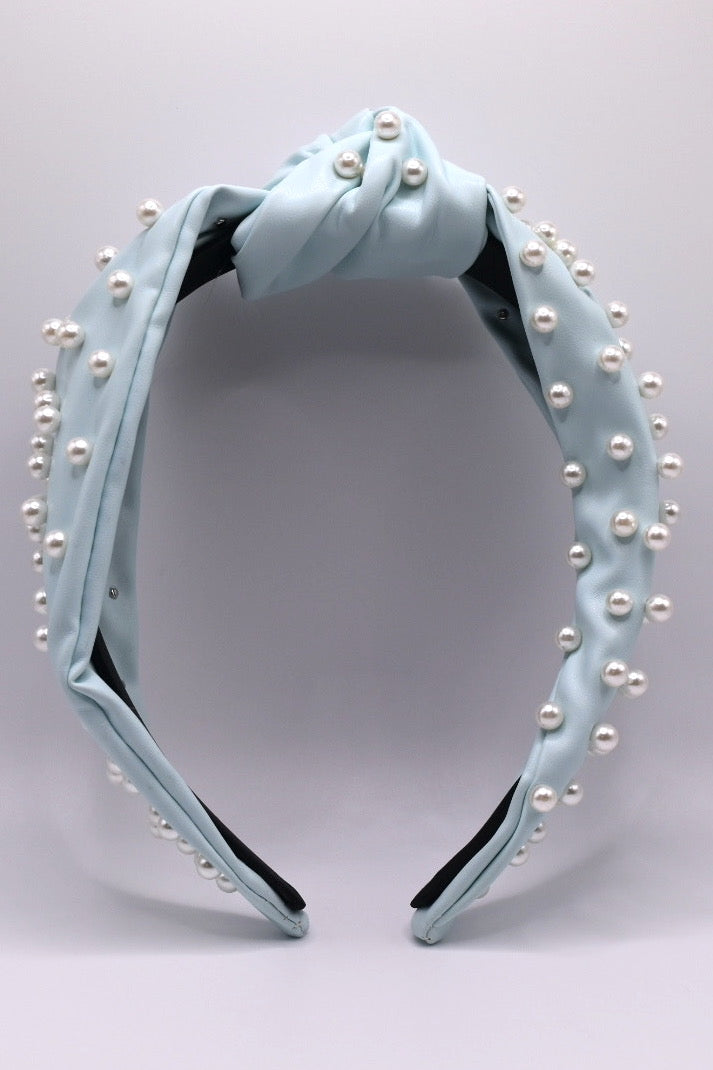 Pearl Decorated Leather Headband Lite Blue