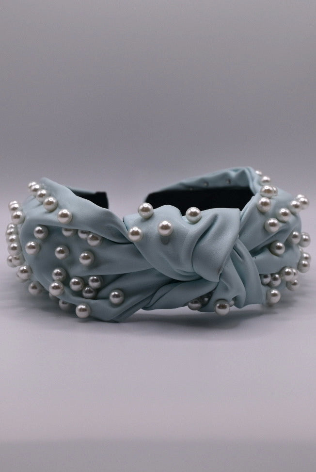 Pearl Decorated Leather Headband Lite Blue