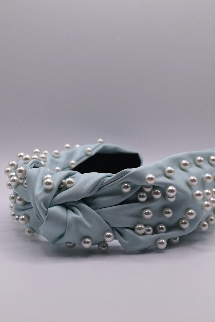 Pearl Decorated Leather Headband Lite Blue