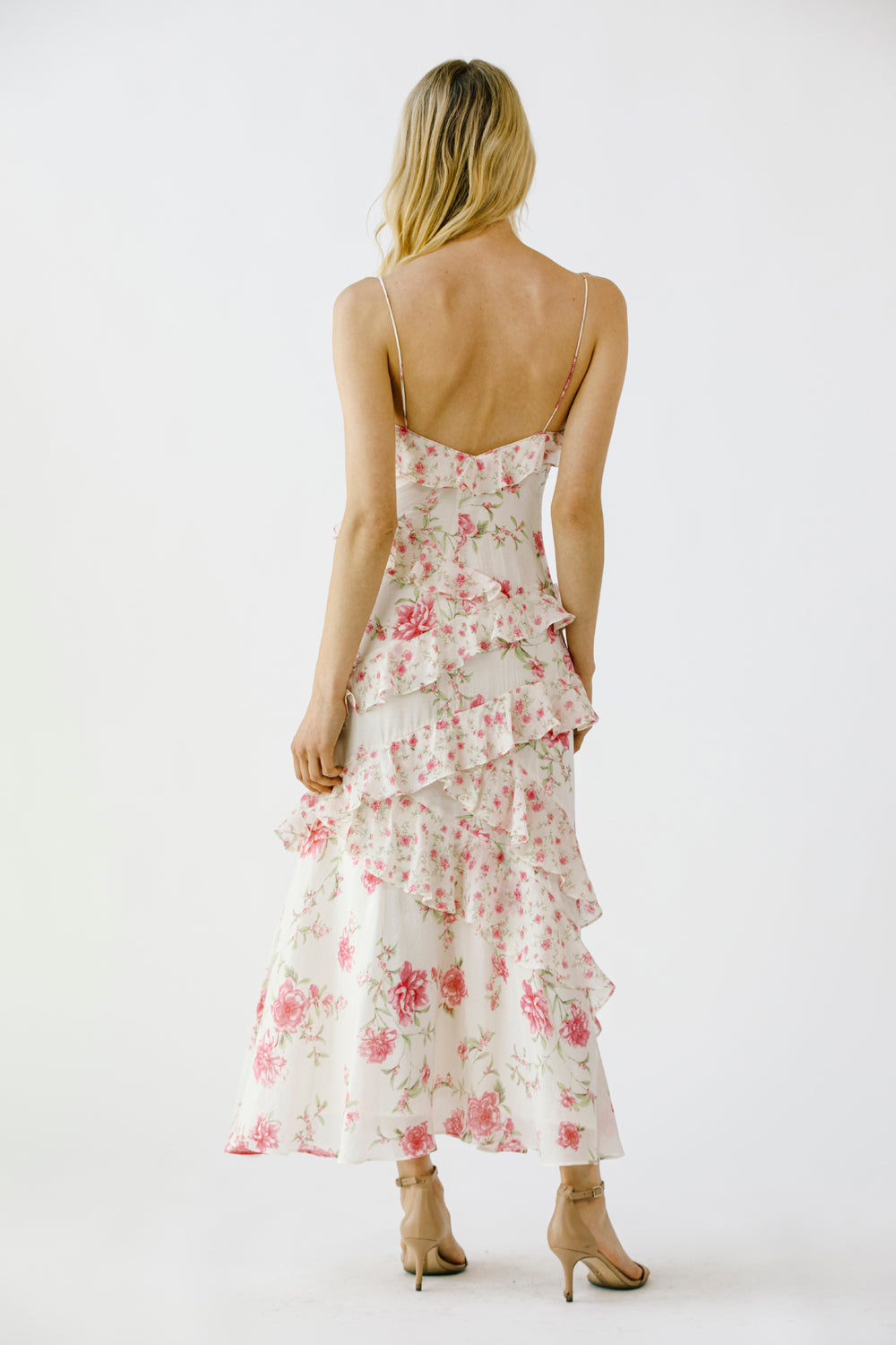 Floral Ruffle Tiered Maxi Dress - Pink & Ivory. Back view.