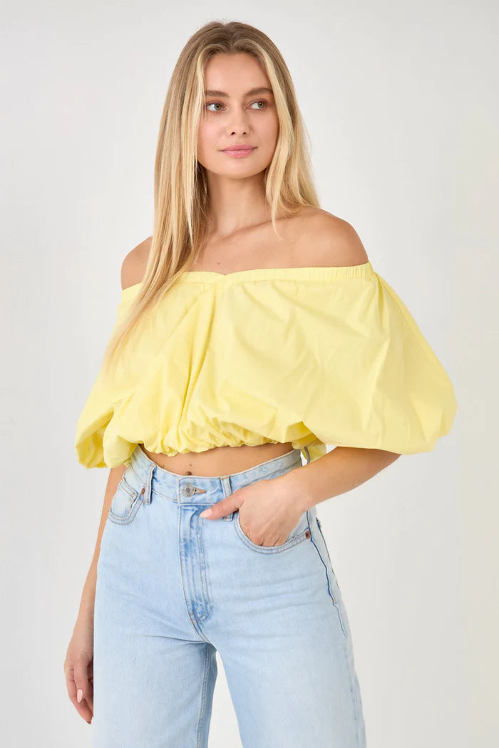 Cropped V-Neck Puff Top - Yellow. Front view.