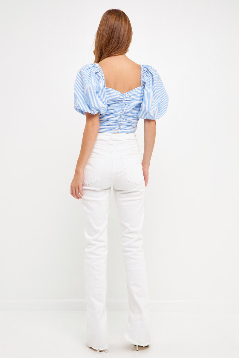 Striped Puff Sleeve Top - Blue. Back view.
