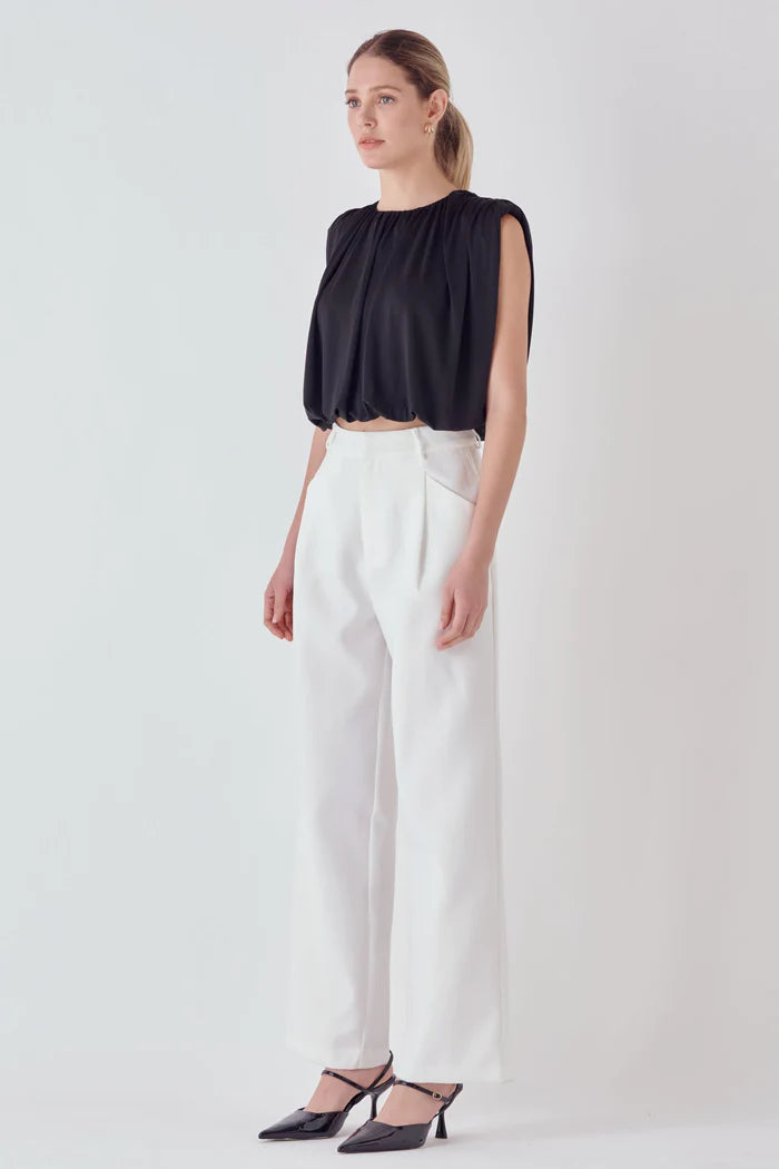 Shirred Shoulder Cropped Top - Black. Full side view.