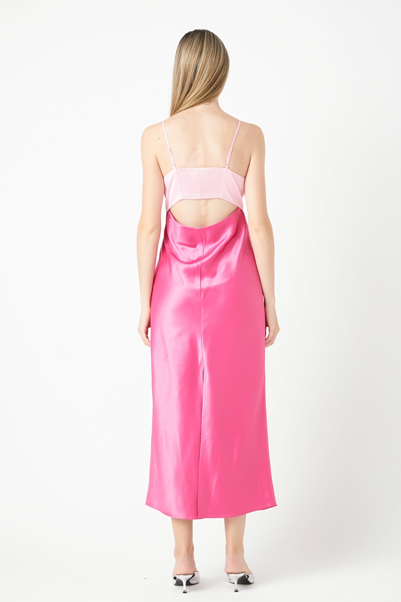 Satin Maxi Dress with spaghetti straps - light pink and pink. back view featuring opening.