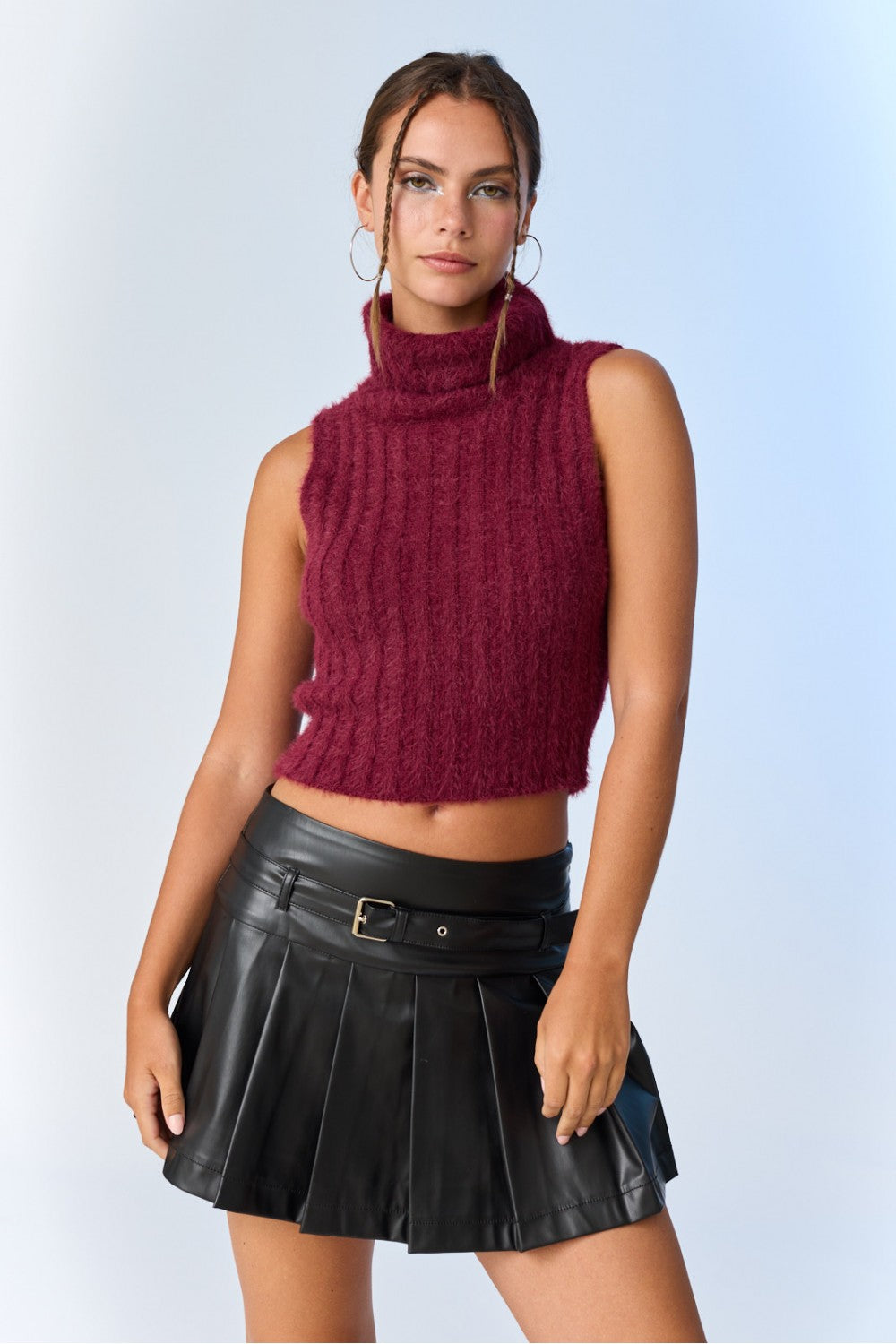 Sleeveless Turtleneck Rib Sweater Crop Top - Berry. Front full view.
