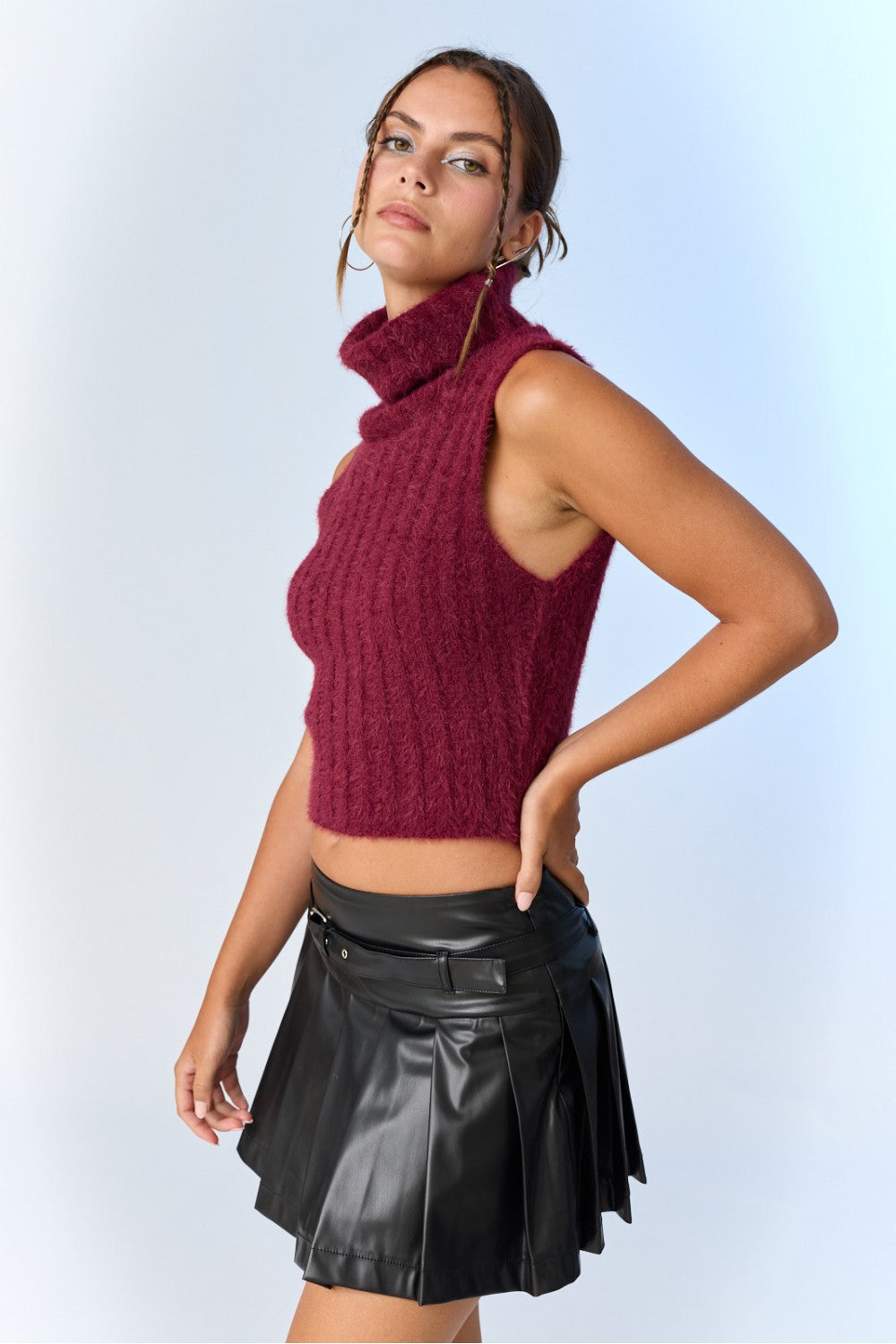 Sleeveless Turtleneck Rib Sweater Crop Top - Berry. Side full view.