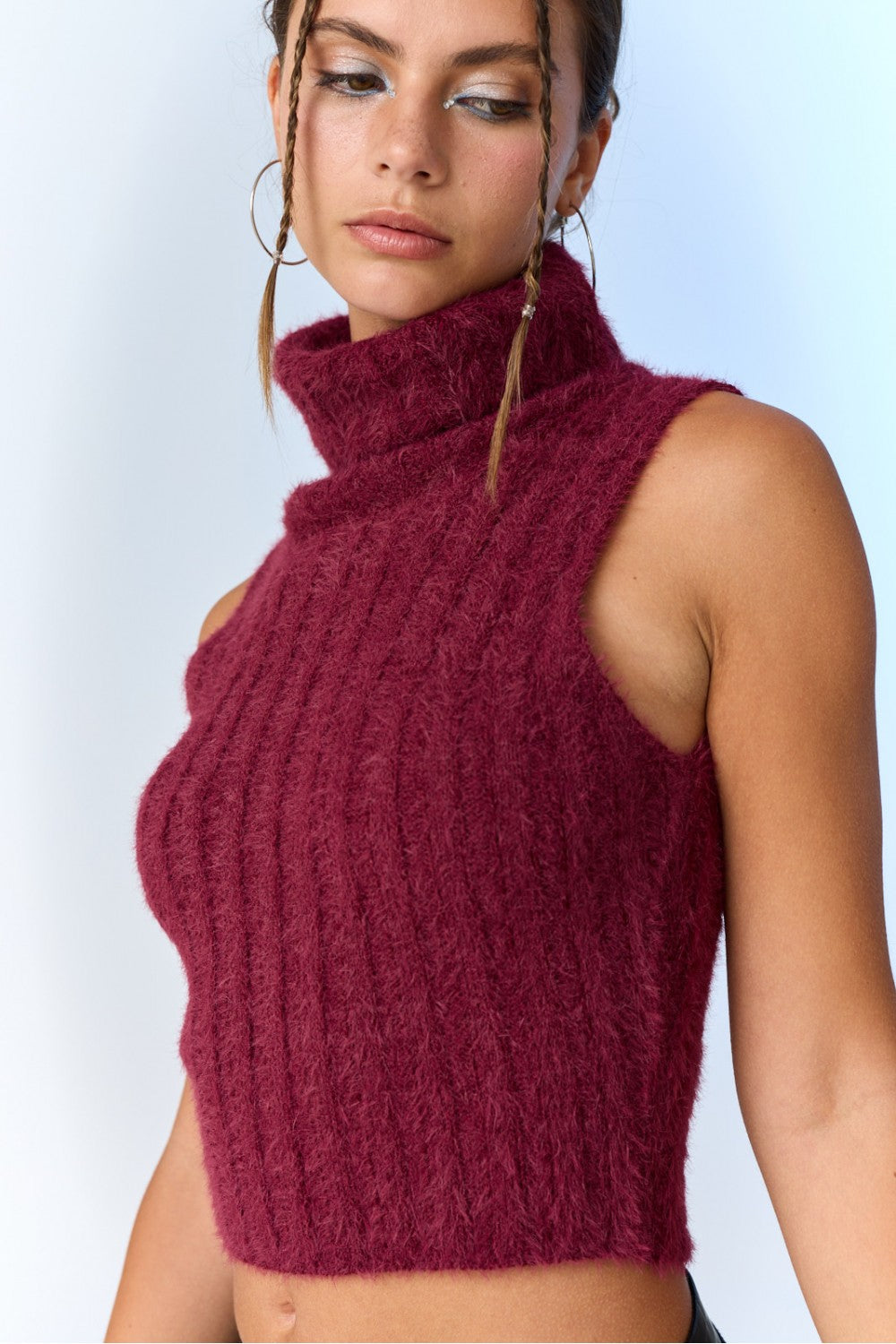 Sleeveless Turtleneck Rib Sweater Crop Top - Berry. Side close view.