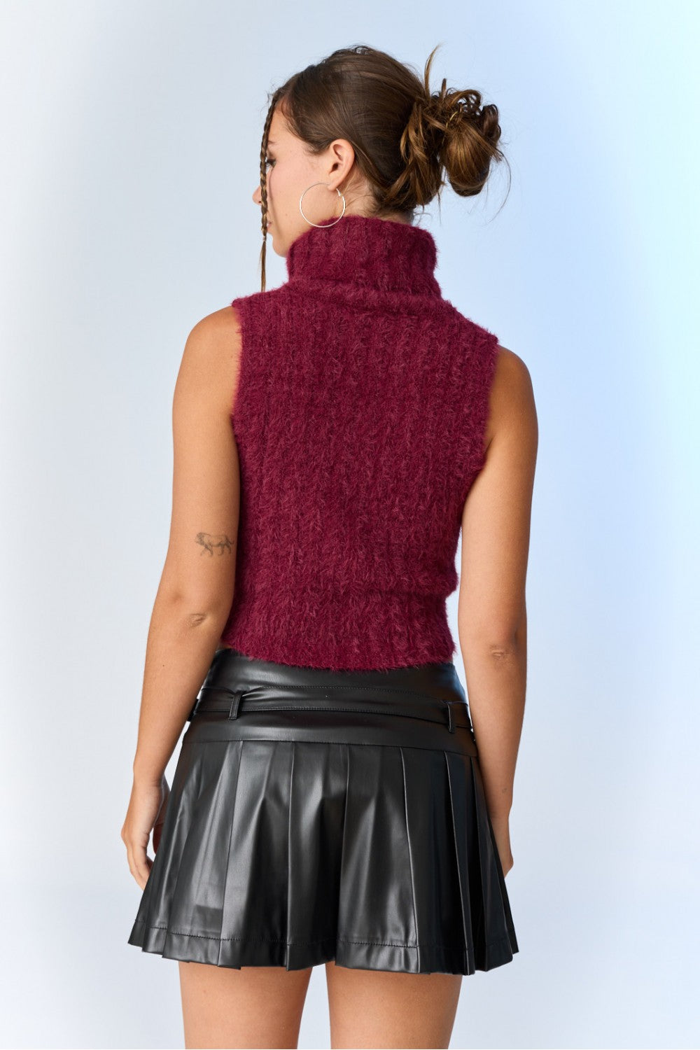 Sleeveless Turtleneck Rib Sweater Crop Top - Berry. Back close view.