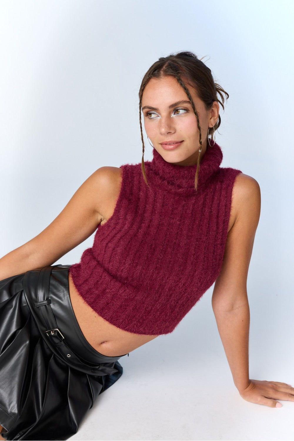 Sleeveless Turtleneck Rib Sweater Crop Top - Berry. Front close view.