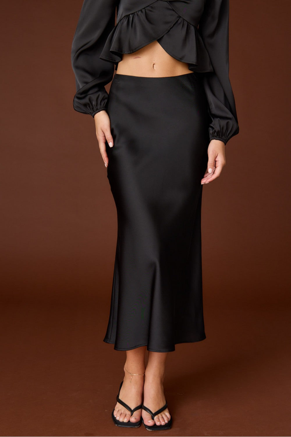 Satin Midi Skirt - Black. Front close view.