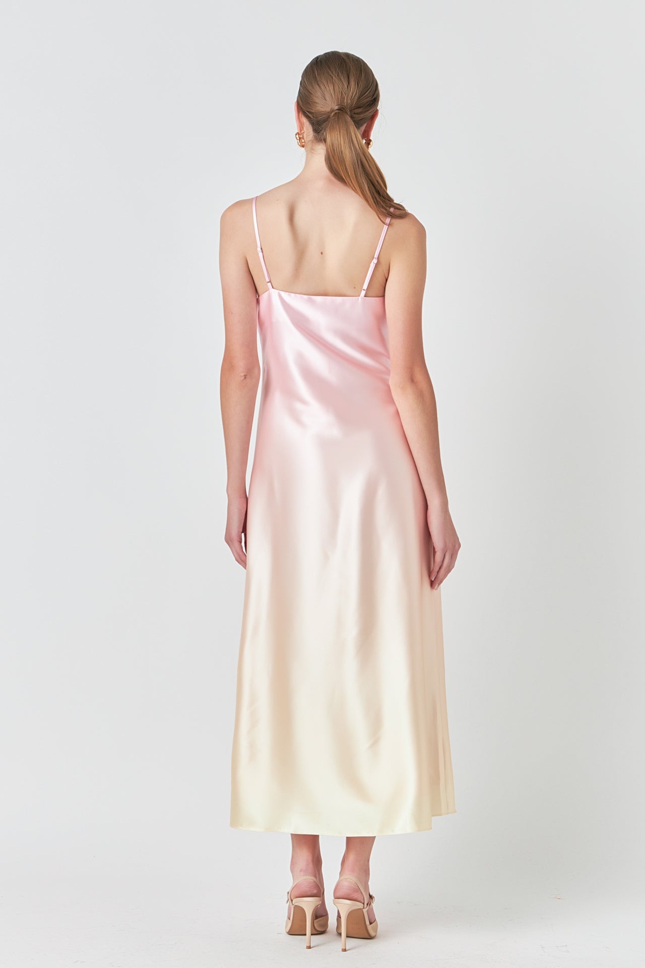 Satin Ombre Midi Dress - Pink. back view.