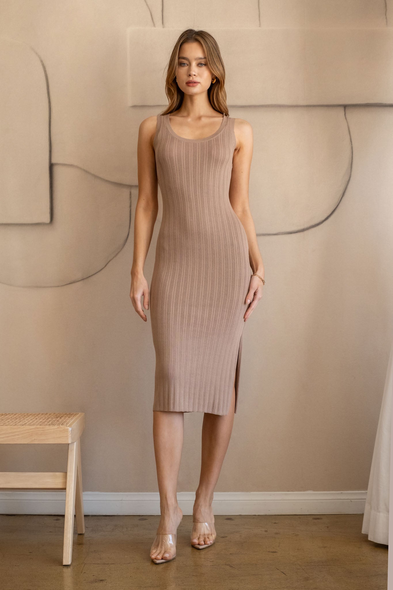 Charissa" Ribbed Midi Dress - Light Khaki MESH lane Charissa" Ribbed Midi Dress - Light Khaki MESH lane